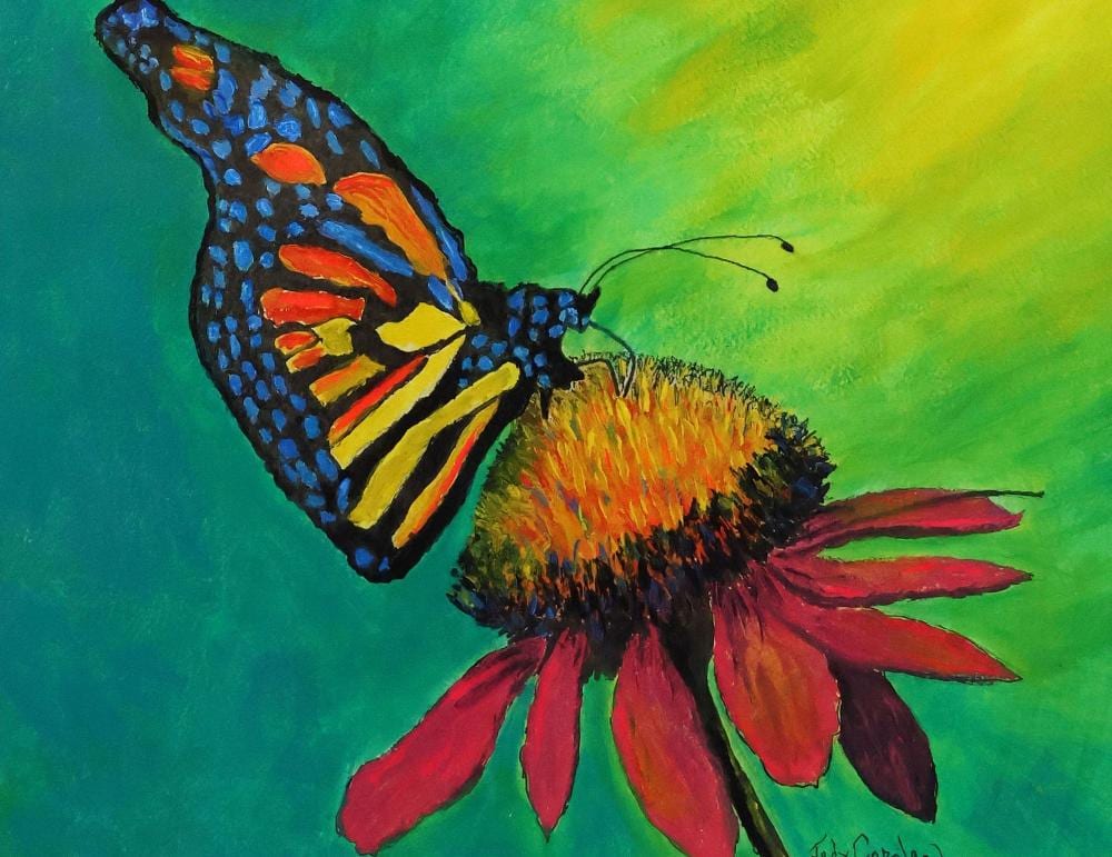 Judy Copeland comparable auction result: judy copeland b 1943 acrylic painting butterfly with cornflower