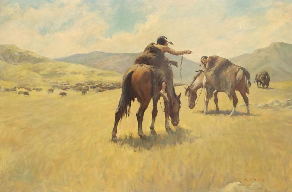 Ronald Crooks comparable auction result: ronald crooks 1925 2006 western figural landscape painting 32 x 44