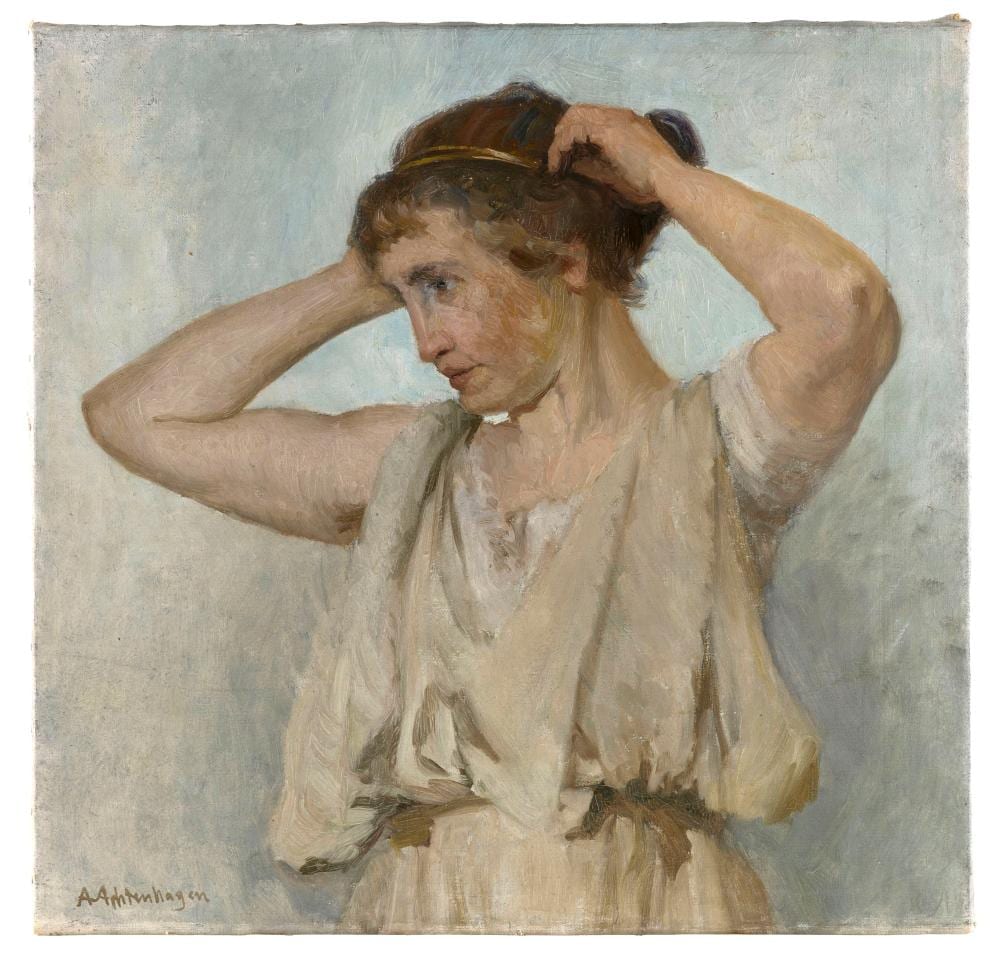August Achtenhagen comparable auction result: august achtenhagen germany 1865 1938 a woman fixing her hair oil on canvas 22 x 23 unframed