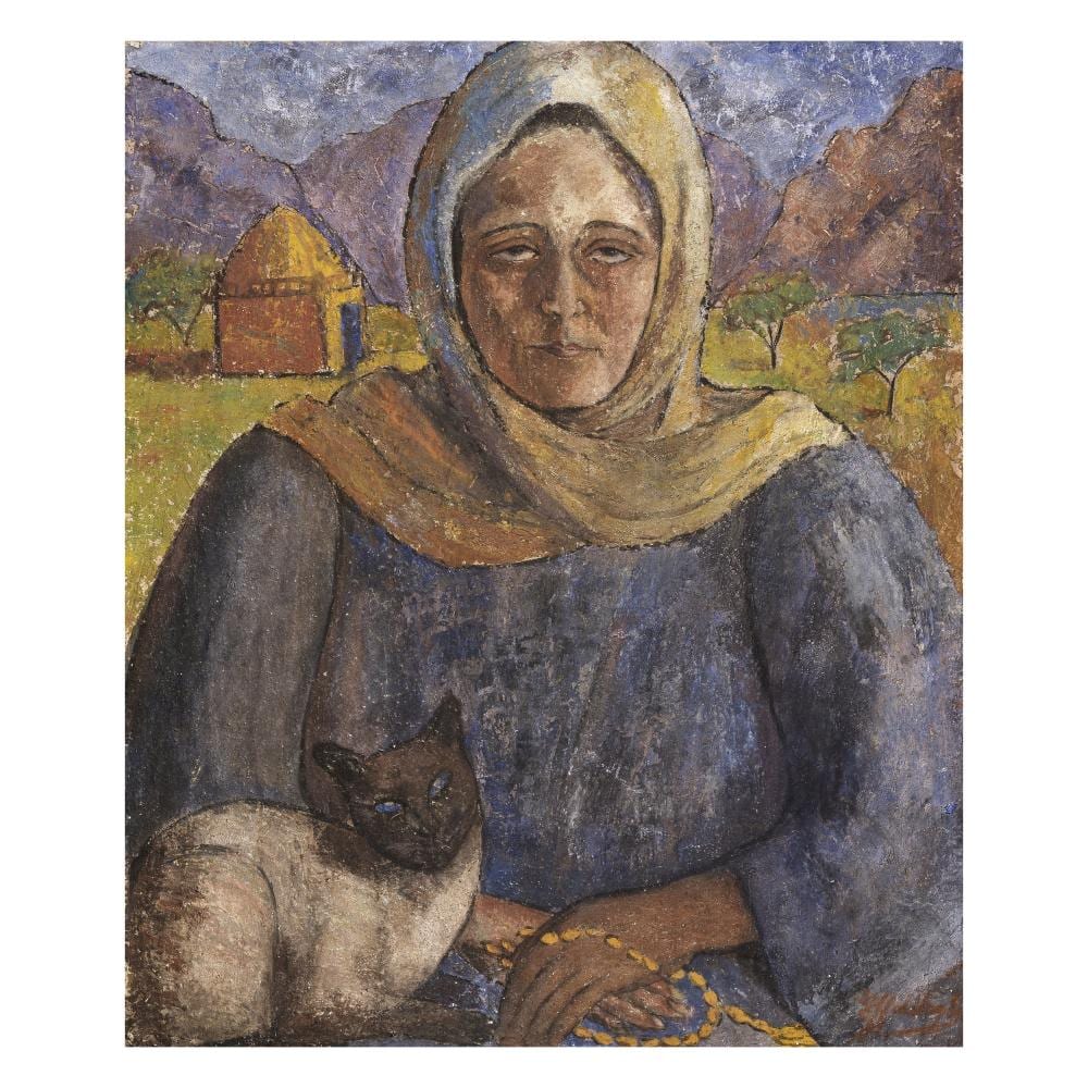Effat Naghi comparable auction result: effat naghi egypt 1905 1994 fellaha with cat