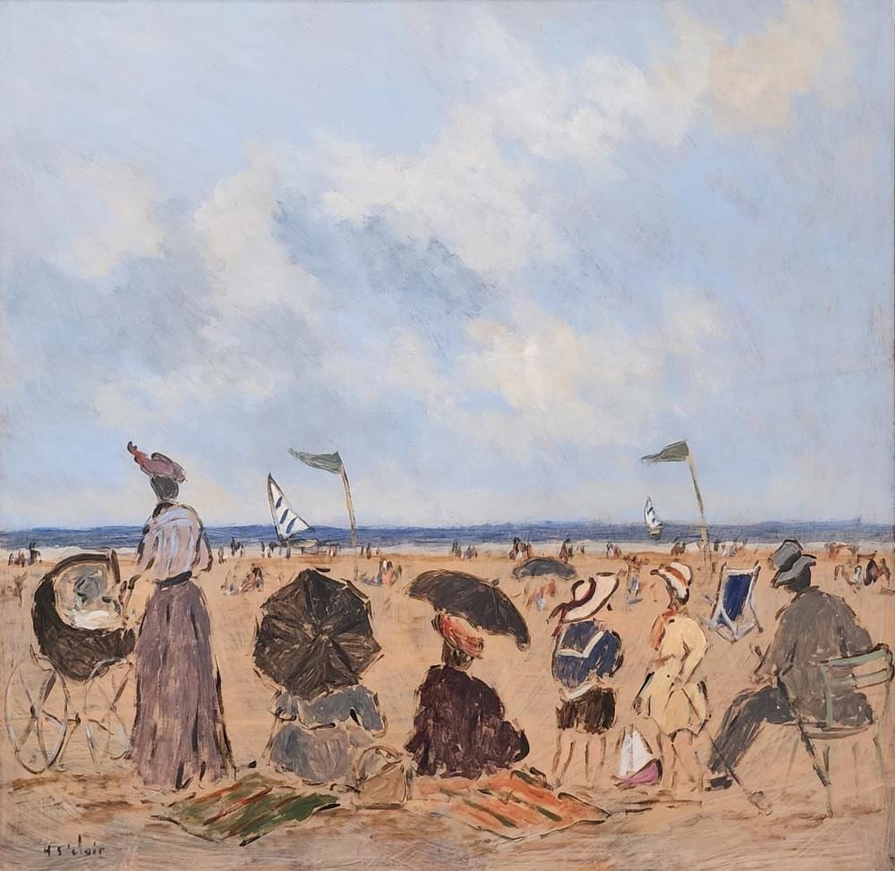 Henry S. Clair comparable auction result: henry saint clair 32x32 gouache figures on the bea