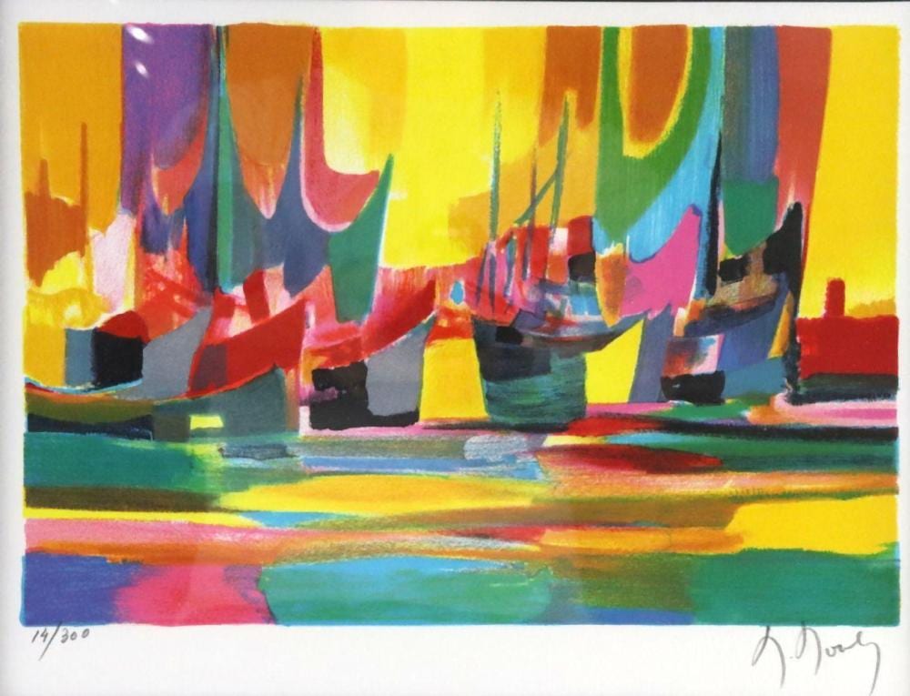 Marcel Mouly comparable auction result: marcel mouly cargo et bateaux voilers lithograph