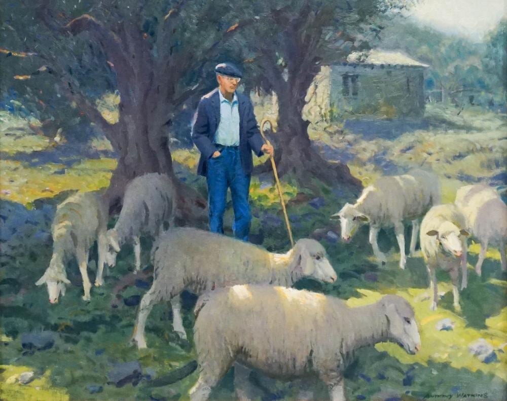 Anthony Watkins comparable auction result: anthony watkins american b 1953 shepherd and his flock oil on canvas signed l r frame 25 1 4 x 35 1 4 in 64 1 x 89 5 cm