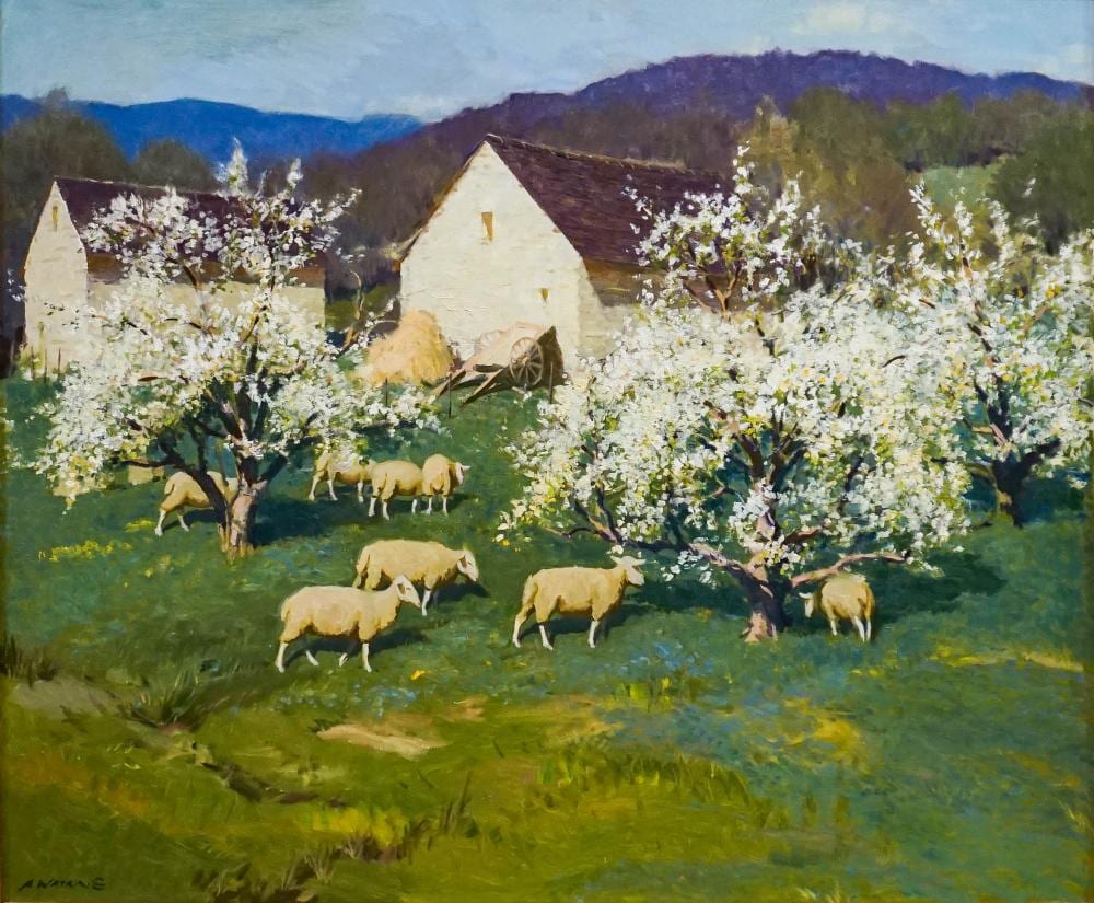 Anthony Watkins comparable auction result: anthony watkins american b 1953 sheep in a farm landscape oil on canvas signed l l frame 35 1 2 x 41 1 2 in 90 2 x 105 4 cm