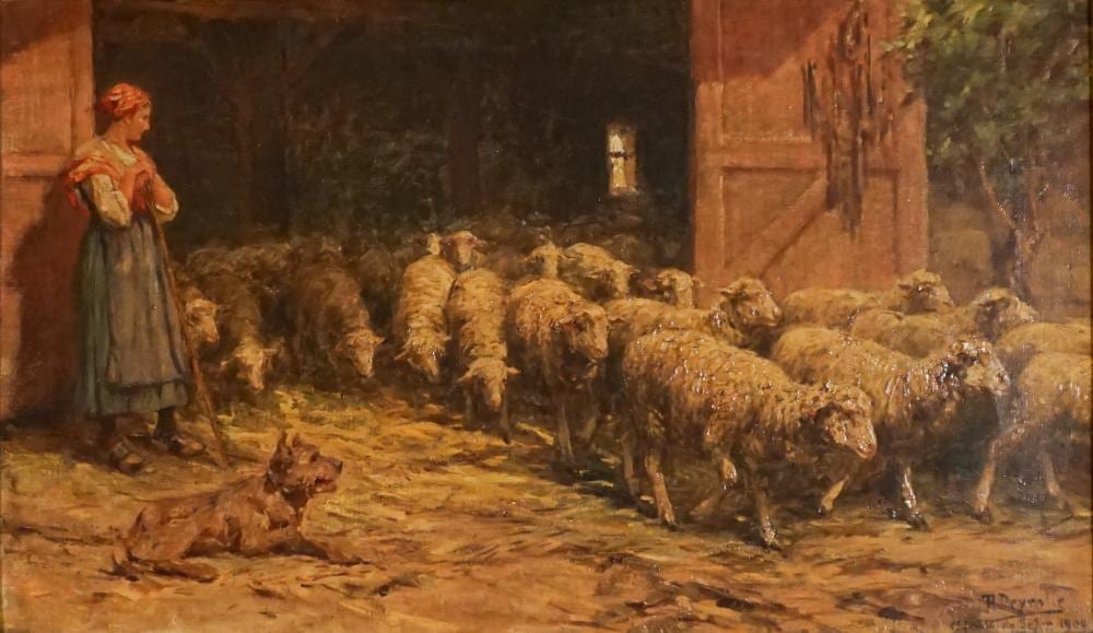 Théophile-Louis Deyrolle comparable auction result: th ophile louis deyrolle french 1844 1923 the sheep fold oil on canvas 16 1 2 x 28 in 41 9 x 71 1 cm frame 27 x 38 in 68 6 x 96 5 cm