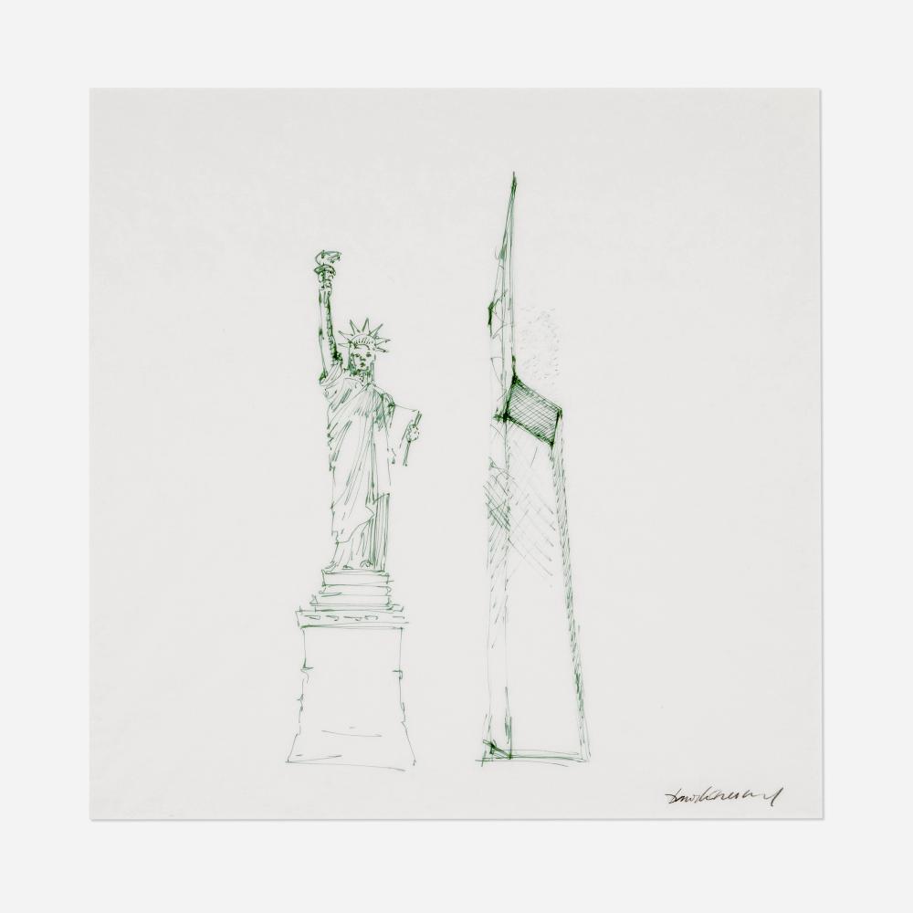 Daniel Libeskind, World Trade Center: Freedom Tower and the Statue of Liberty sketch sold by Wright, lot 131 — auction record photograph