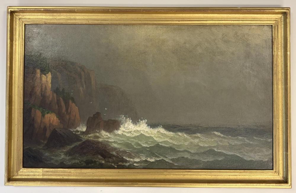 George W. Waters comparable auction result: george w waters american 1832 1912 stormy seas at the rocky coast oil on canvas 14 x 24 inches frame 17 x 27 inches