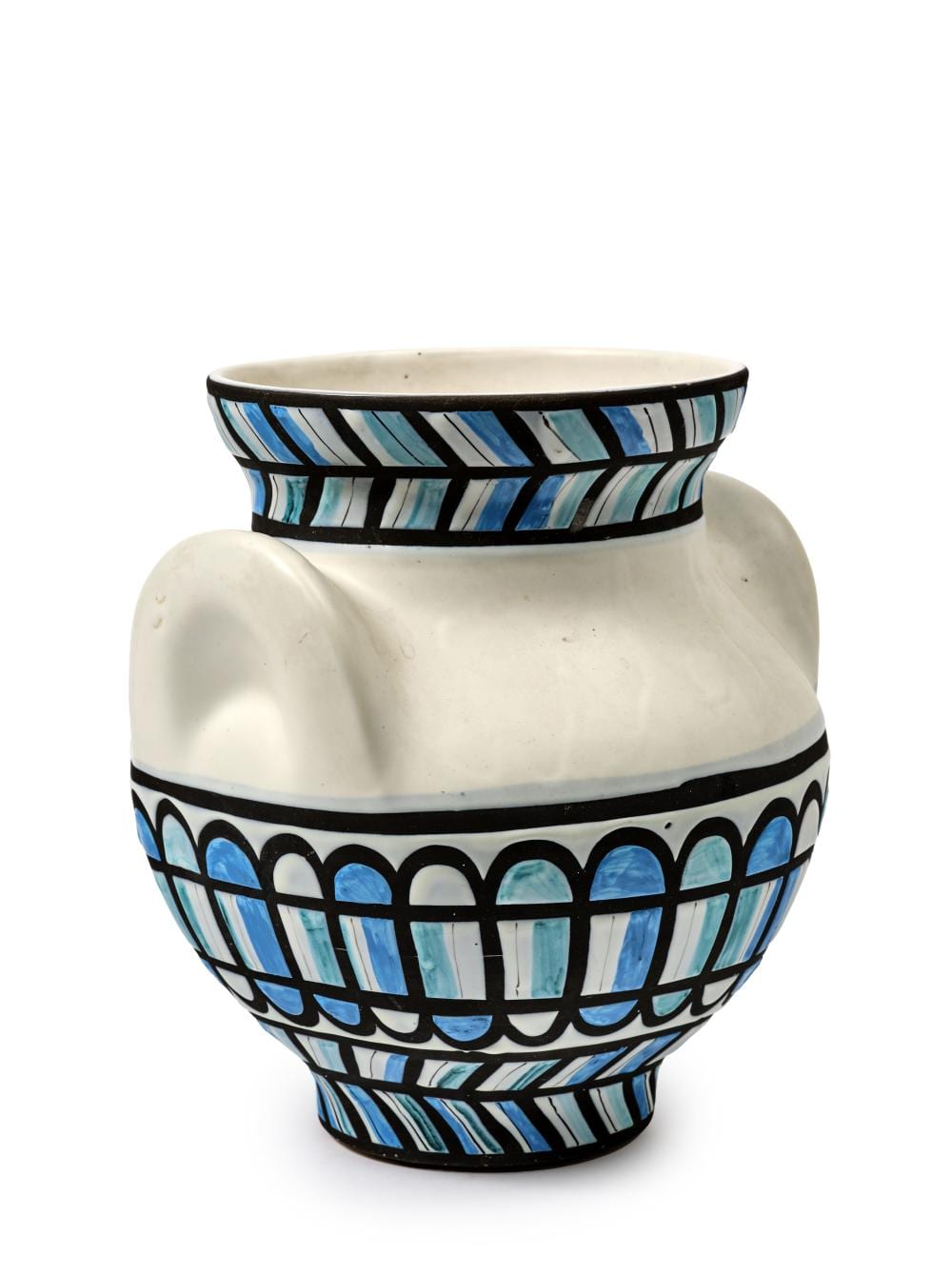 roger capron 1922 2006 vase dit oreilles en c ramique maill e blanche d cor de frises g om triques noires et bleues · Gros-Delettrez · 2026-06-09 Roger Capron comparable auction result: roger capron 1922 2006 vase dit oreilles en c ramique maill e blanche d cor de frises g om triques noires et bleues