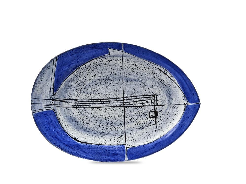 mado jolain 1921 2019 coupe ovale sur talon en c ramique maill e blanche et bleue d cor abstrait · Gros-Delettrez · 2026-06-09 Mado Jolain comparable auction result: mado jolain 1921 2019 coupe ovale sur talon en c ramique maill e blanche et bleue d cor abstrait