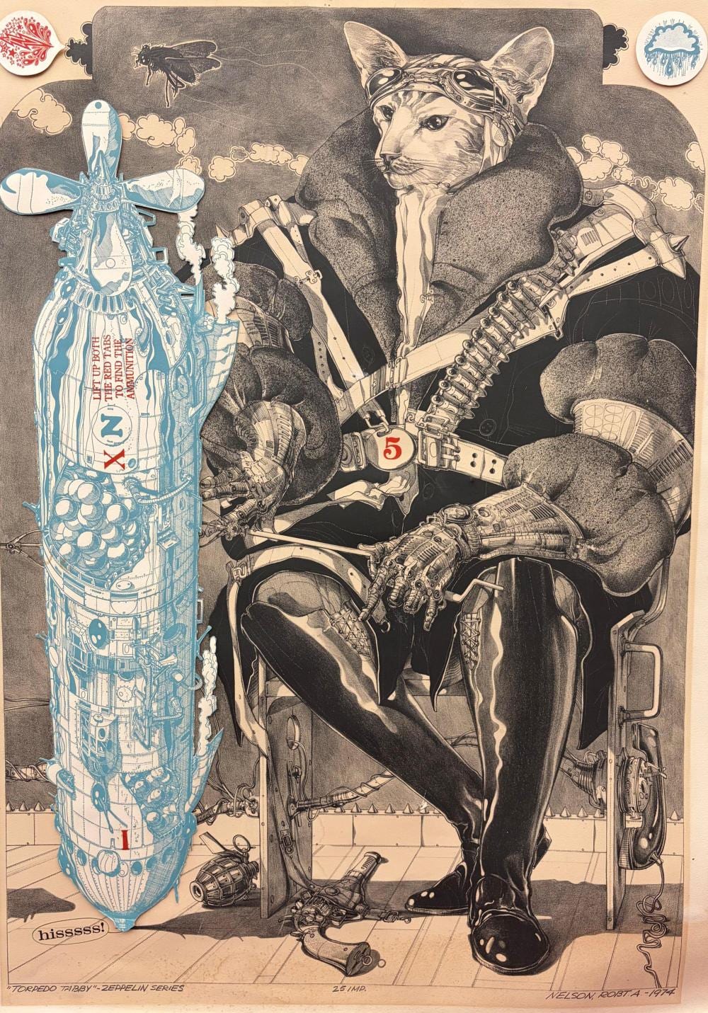 Robert Nelson comparable auction result: robert nelson american 1925 2001 torpedo tabby zeppelin series 1974 lithograph and collage image 36 5 x 25 5 in