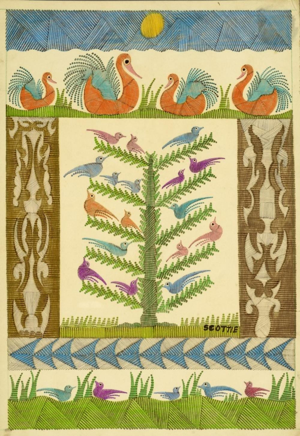 Scottie Wilson comparable auction result: scottie wilson 1888 1972 arbre oiseaux cygnes et encadrements g om triques