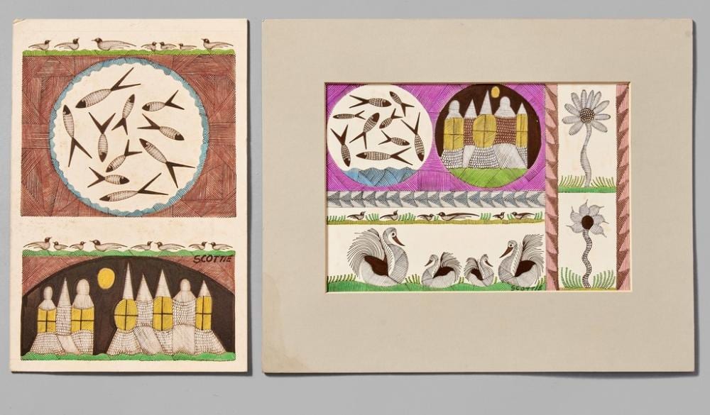 Scottie Wilson comparable auction result: scottie wilson 1888 1972 r union de deux oeuvres 1 ch teau cygnes poissons et fleurs
