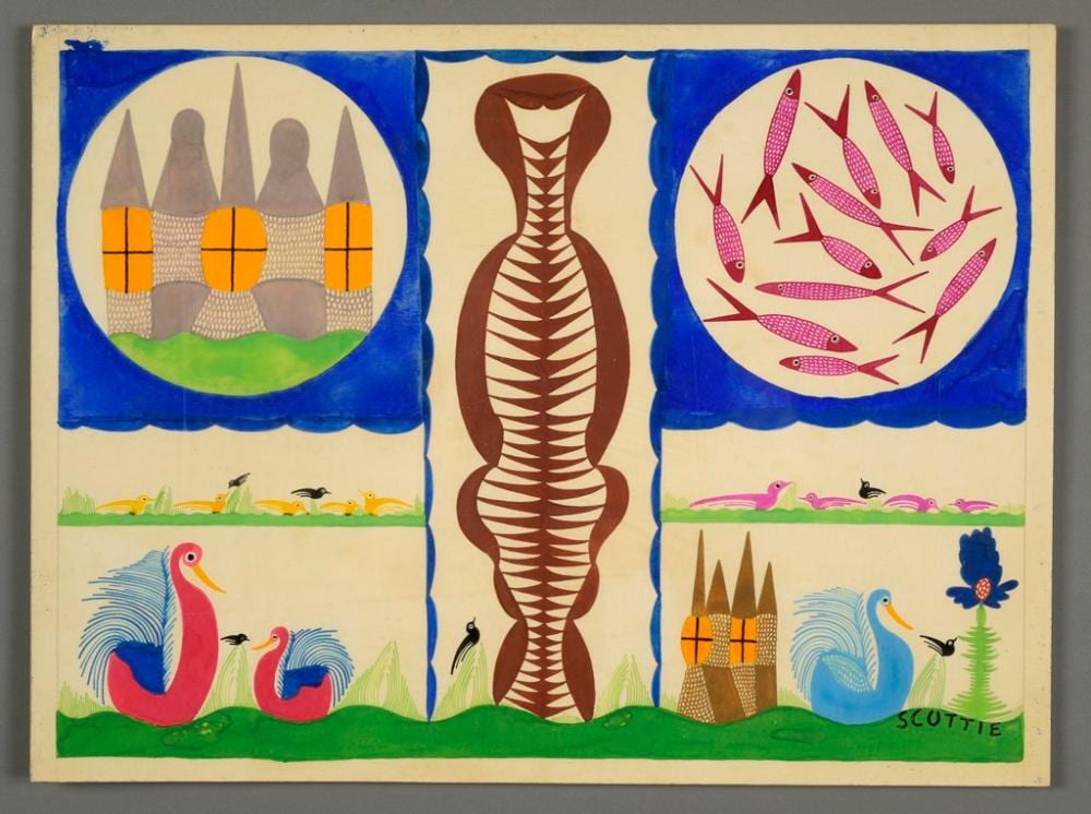 Scottie Wilson comparable auction result: scottie wilson 1888 1972 ch teaux poissons cygnes et oiseaux