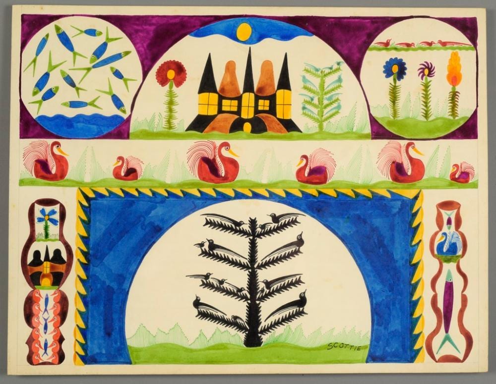 Scottie Wilson comparable auction result: scottie wilson 1888 1972 arbre noir et oiseaux ch teau cygnes et poissons