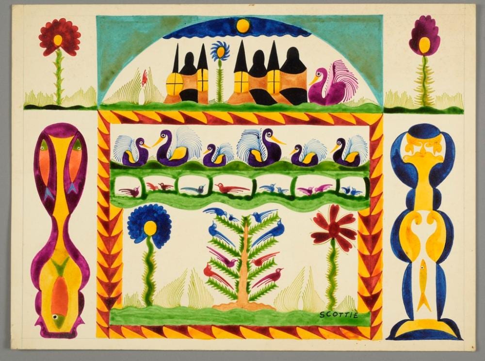 Scottie Wilson comparable auction result: scottie wilson 1888 1972 ch teaux cygnes oiseaux fleurs et totems