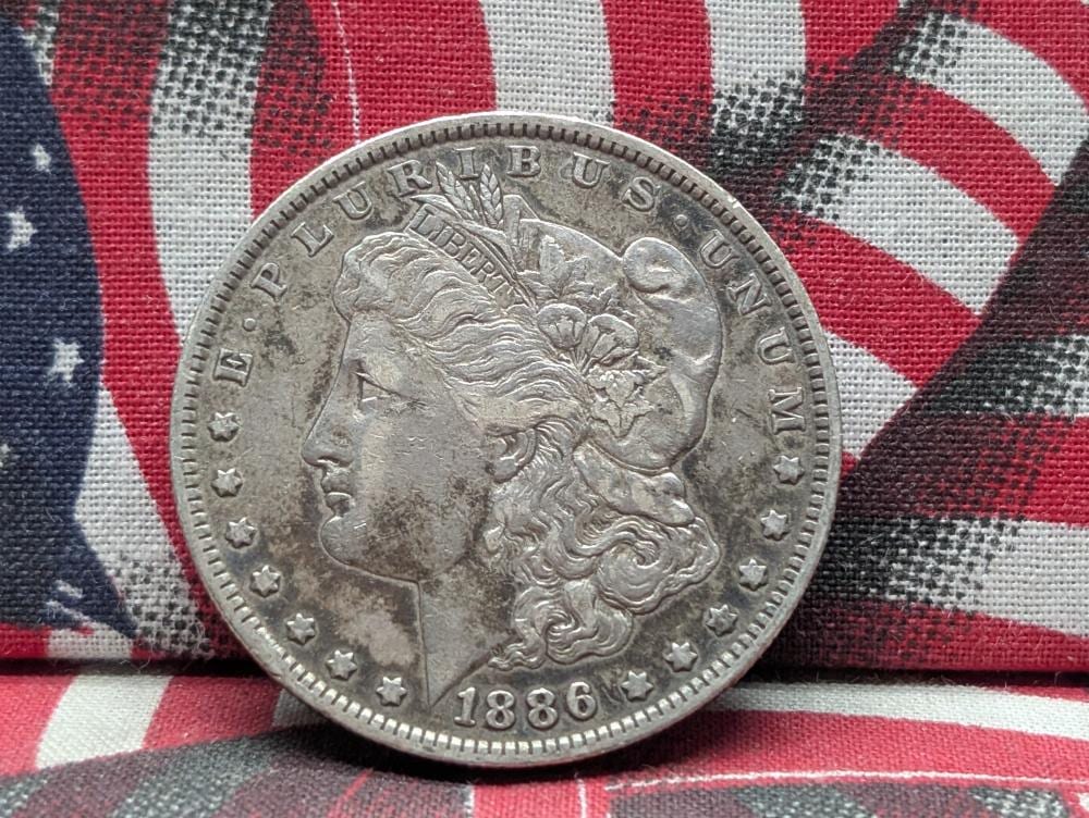 Close-up of a silver-colored Morgan dollar coin showing a profile of Lady Liberty with the date 1886 and stars around the rim.