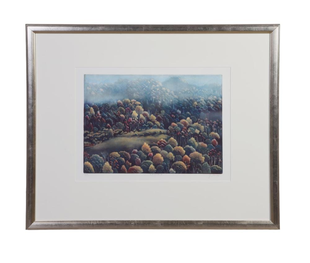 Nicolette Jelen comparable auction result: nicolette jelen american 20th c blue mountain xii 1995 aquatint etching image height 14 1 2 in image width 20 in framed height 26 1 4 in framed width 52 1 4 in
