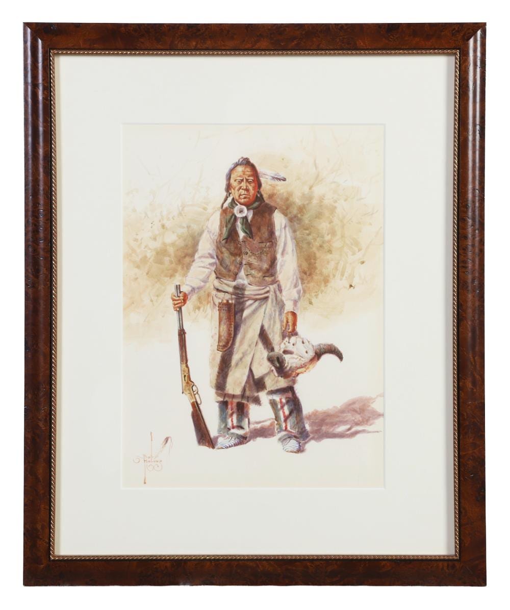 bob moline american b 1938 black bull blackfoot 1988 watercolor image height 12 in image width 9 in · Bunch Auctions · 2026-06-09 Bob Moline comparable auction result: bob moline american b 1938 black bull blackfoot 1988 watercolor image height 12 in image width 9 in