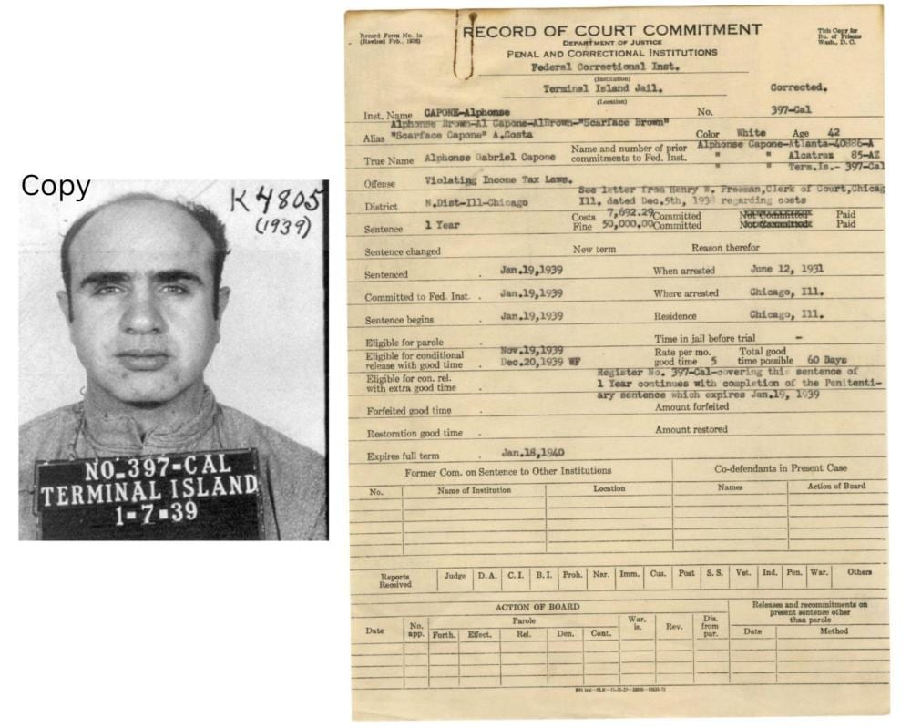 Al Capone comparable auction result: al capone original prisoner transfer form from alcatraz excellent provenance