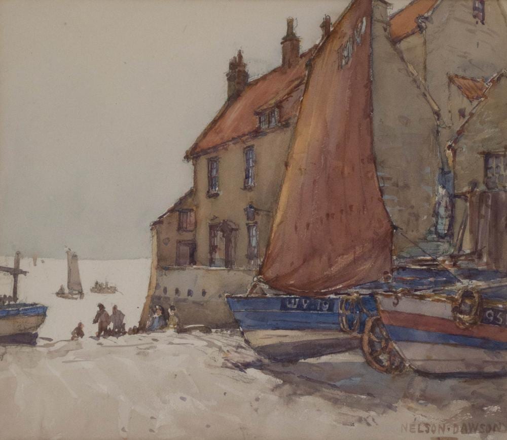 Nelson Dawson comparable auction result: nelson dawson 1859 1941 boat launch watercolor