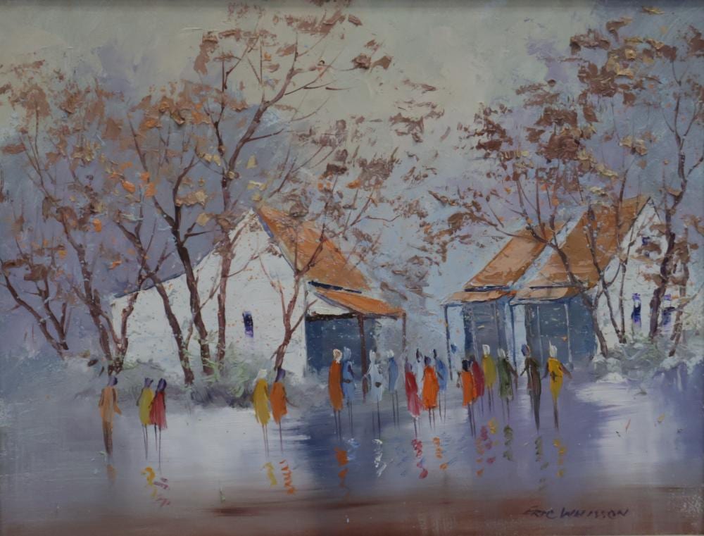 eric whisson oil on board street scene signed lower right and details verso approx 45cm x 34cm · Albion Antique Auction Centre · 2026-06-04 Eric Whisson comparable auction result: eric whisson oil on board street scene signed lower right and details verso approx 45cm x 34cm