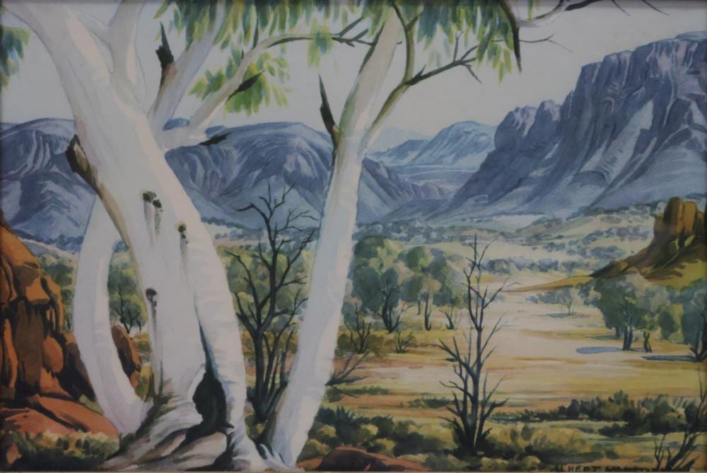 Albert Namatjira comparable auction result: albert namatjira original framed print the western macdonnell country signed lower right with details verso approx 39cm x 26cm