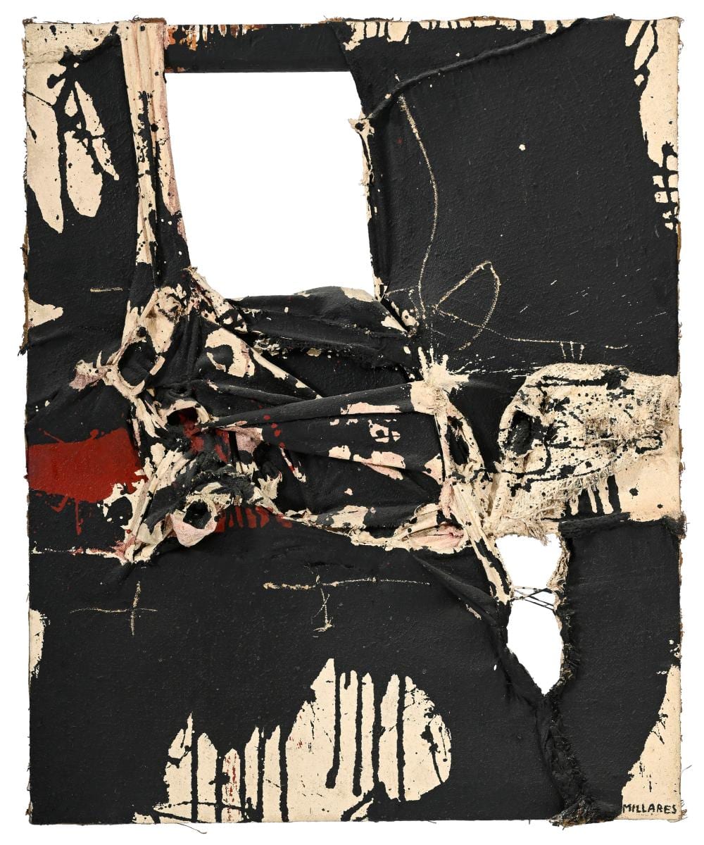 Manolo Millares comparable auction result: manolo millares 1926 1972 cuadro 1960 tech mixte sur toile de jute sign e contresign e dat e et titr e 100x81