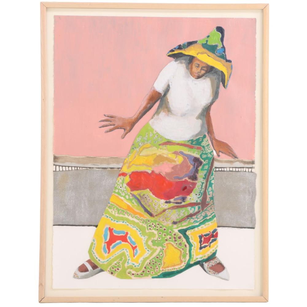 Benny Andrews comparable auction result: benny andrews american 1930 2006 modeling the quilt dress mixed media oil and collage on