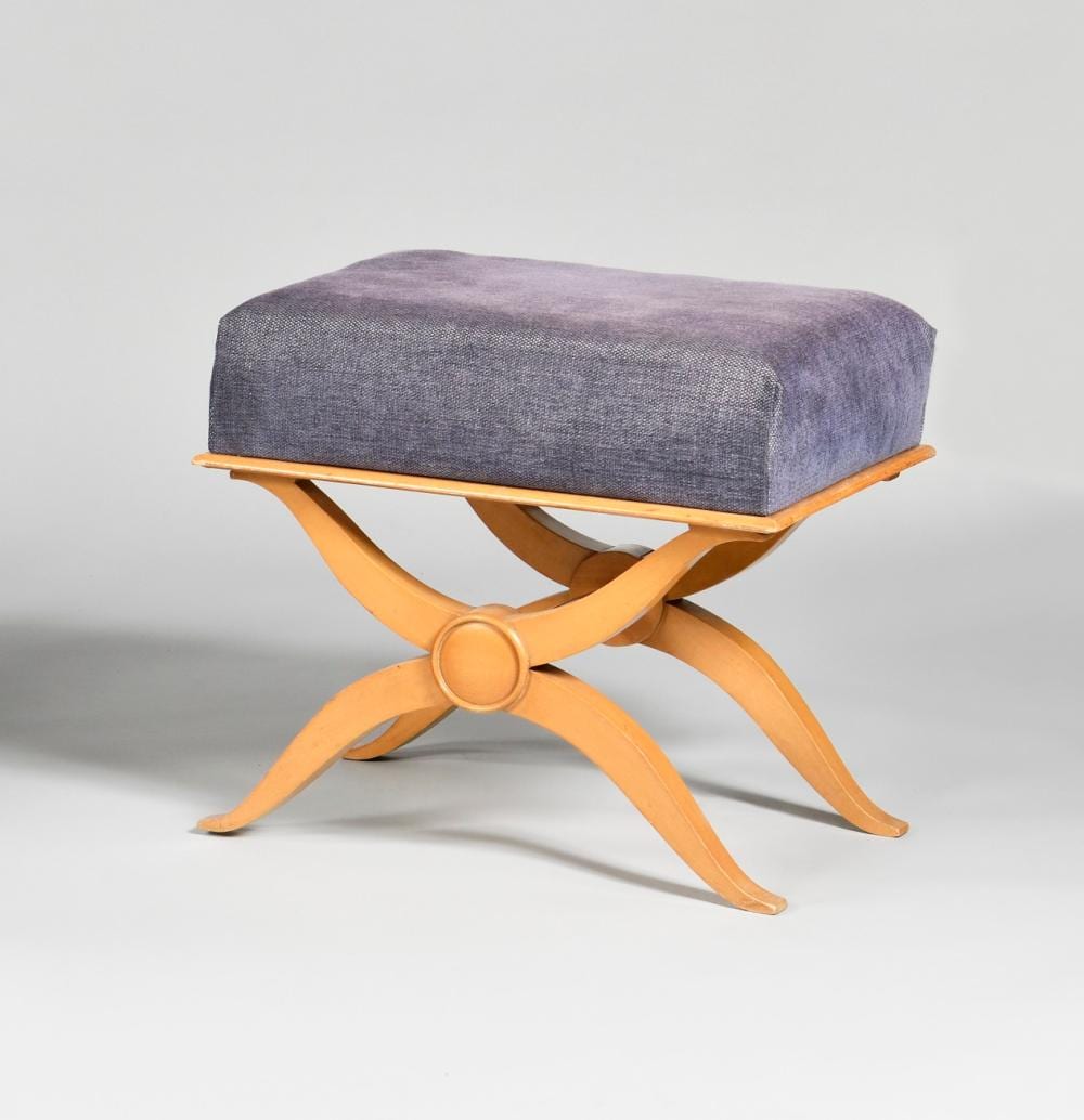 Jacques-Emile Ruhlmann comparable auction result: jacques emile ruhlmann 1879 1933 d apr s tabouret en sycomore pi tement x pastille centrale retenant une haute assise rectangulaire regarnie de tissu lavande