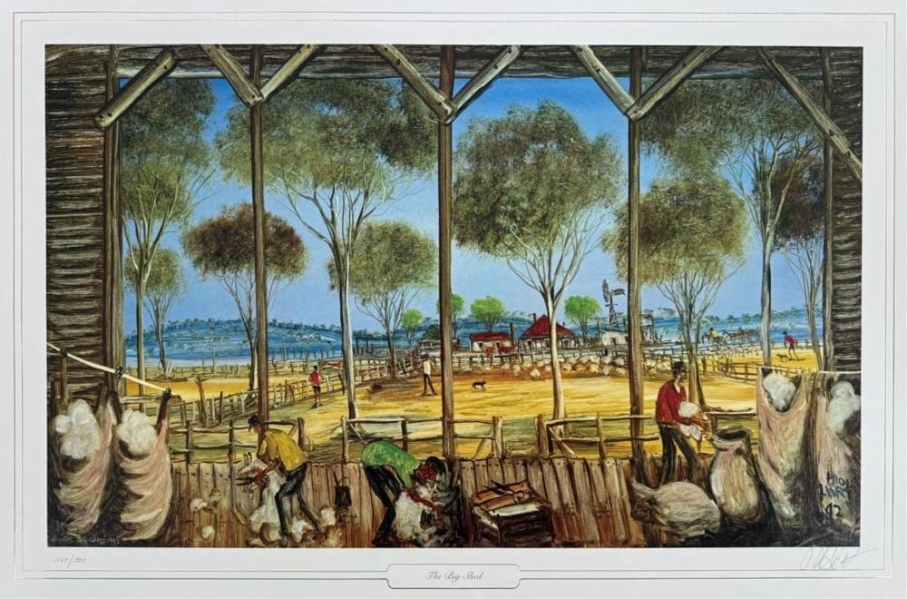 Kevin Charles comparable auction result: kevin charles pro hart australia 1928 2006 the big shed offset lithograph ed 1137 1500 64 x 86 cm sheet