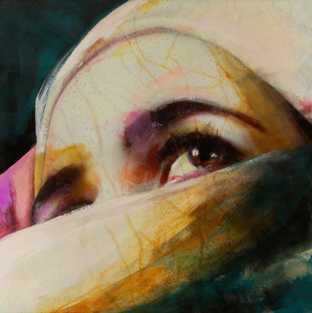 Lita Cabellut comparable auction result: lita cabellut sari ena huesca 1961 untitled 2013 mixed media on cardboard with crackle texture and effect close to fresco signed and dated on the back