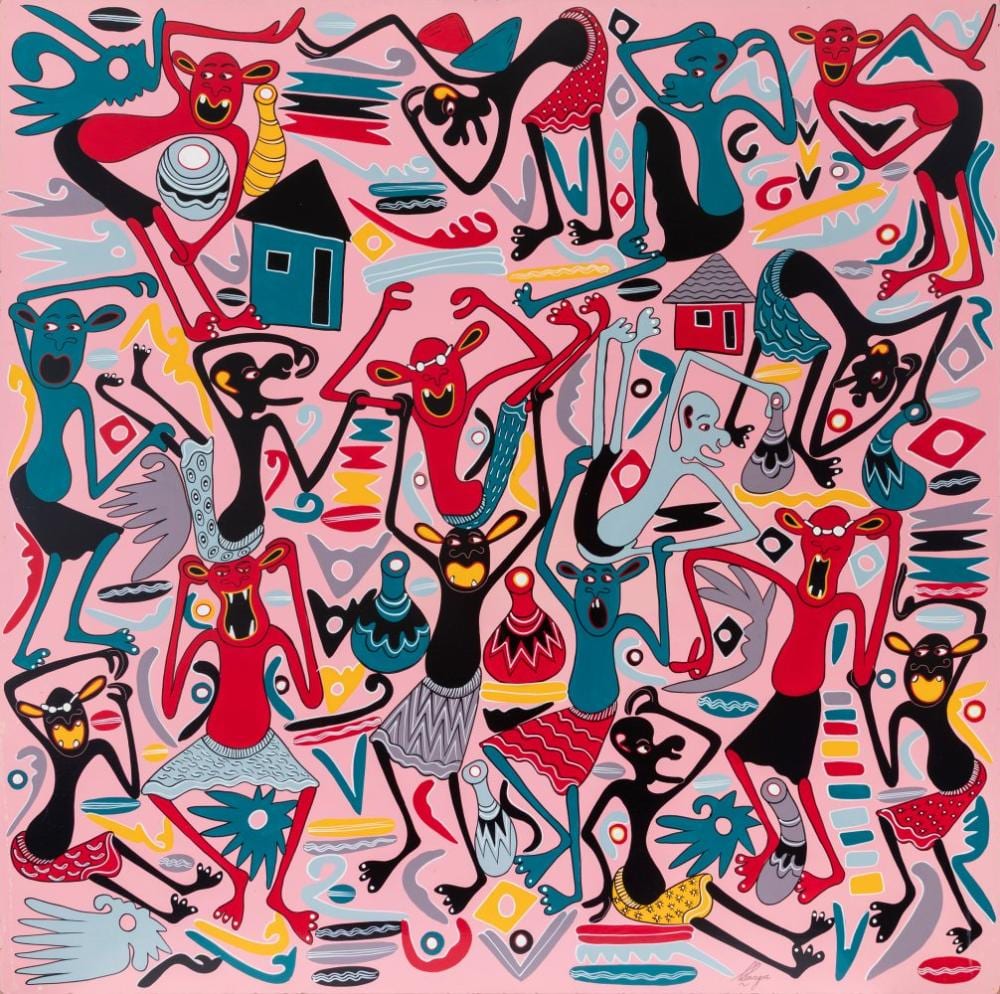 George Lilanga comparable auction result: george lilanga tanzania 1934 2005 wanacheza miche ya sarakasi acrylic on tablex signed in the lower right corner and titled on the back