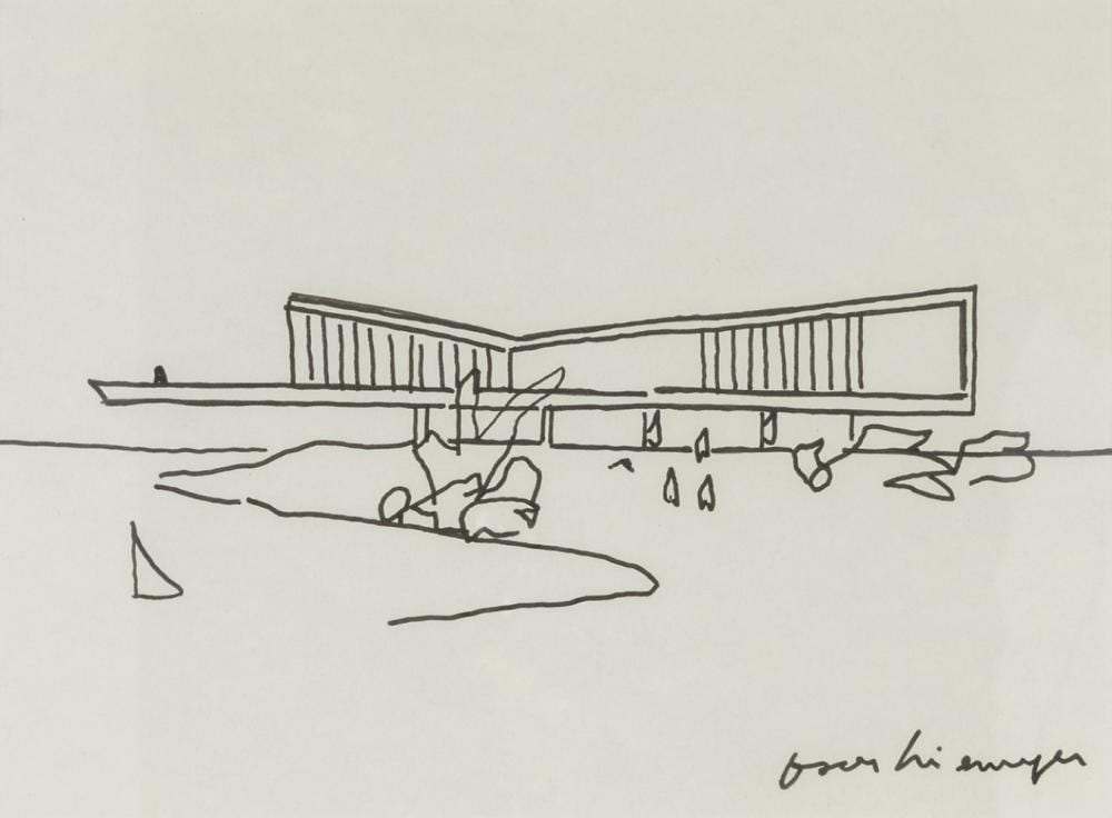 Oscar Niemeyer comparable auction result: oscar niemeyer rio de janeiro 1907 2012 architectural project 1997 marker on paper signed with dedication on the back dated italy december 25 1997