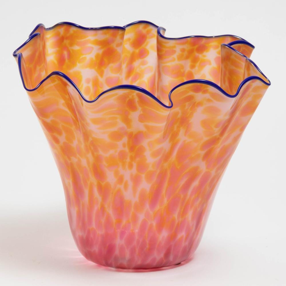 Dale Patrick Chihuly comparable auction result: dale chihuly american b 1941 mottled orange red and yellow glass vase with blue lip wraps 2000