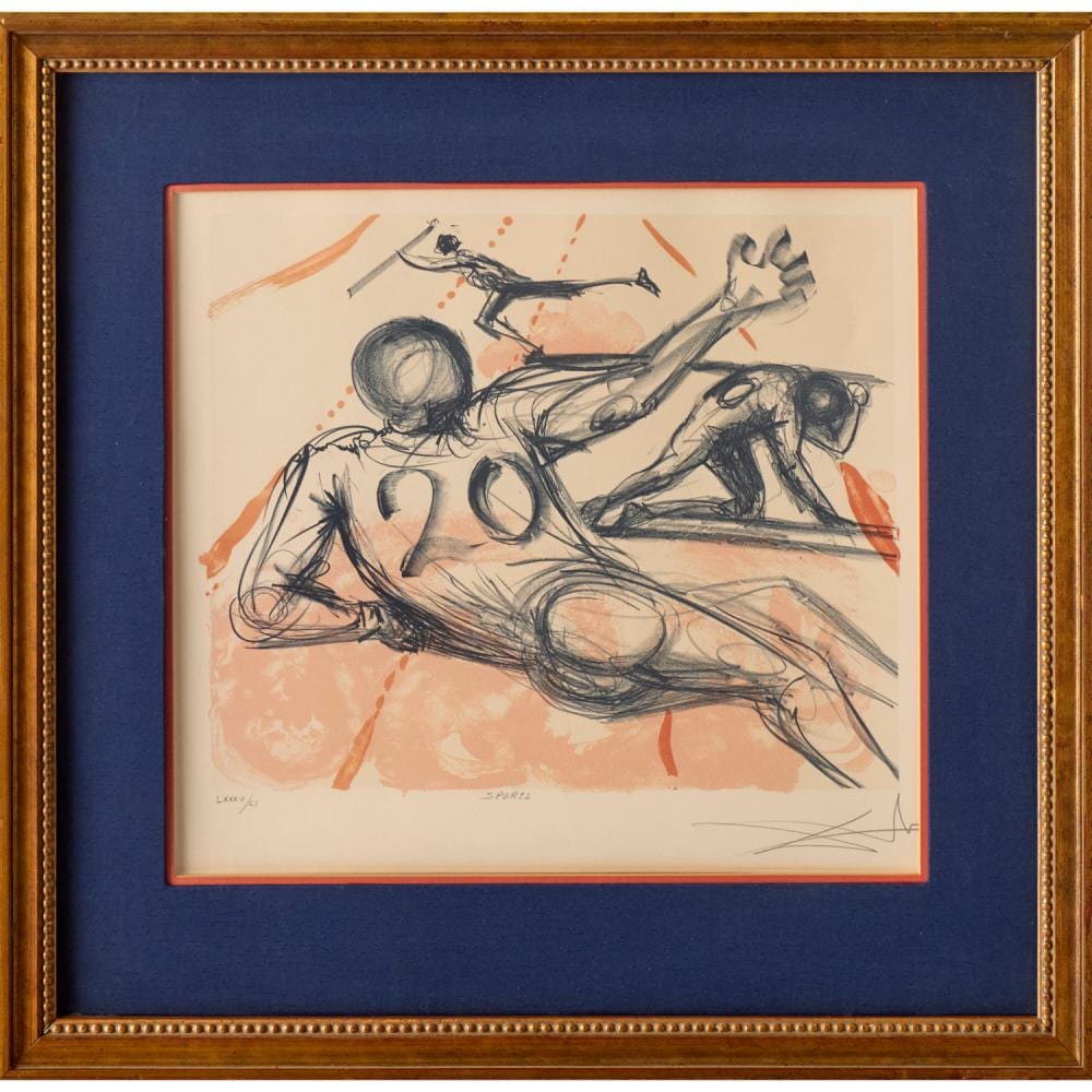 Framed lithograph print featuring an abstract, sketch-like figure with a guitar and dynamic linework in black, gray, and warm orange on a light background.
