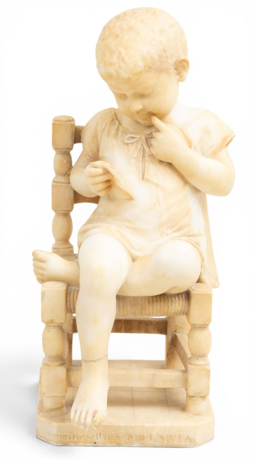 cesare lapini italian 1848 1893 carved alabaster sculpture ca 1892 child seated in a rush chair h 24 w 9 5 depth 13 · DuMouchelles · 2026-06-18 Cesare Lapini comparable auction result: cesare lapini italian 1848 1893 carved alabaster sculpture ca 1892 child seated in a rush chair h 24 w 9 5 depth 13