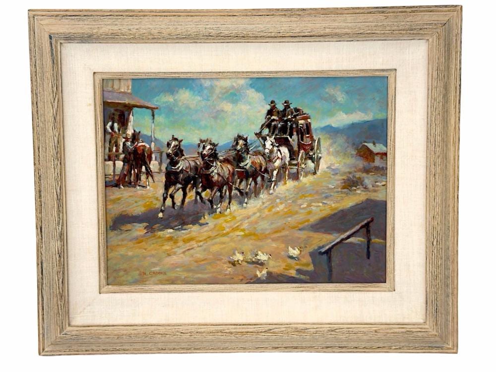 Ronald Crooks comparable auction result: ron crooks original western oil painting fast entry stagecoach art board