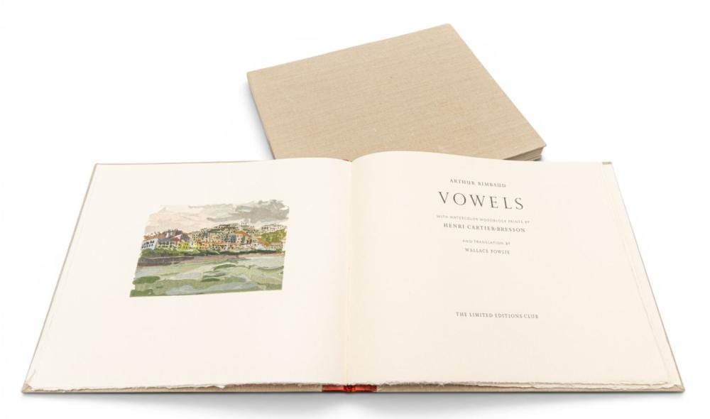 Henri Cartier-Bresson comparable auction result: henri cartier bresson french 1908 2004 text by arthur rimbaud three watercolor woodblock prints 1996 vowels h 13 5 w 16
