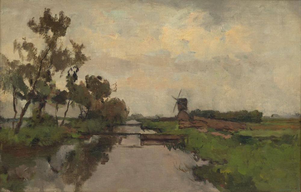 Victor Bauffe (Dutch, 1849-1921) Oil on Canvas, Ca. Late 19th C., 'Dutch Canal Scene', H 15" L 23" sold by DuMouchelles, lot 1150 — auction record photograph