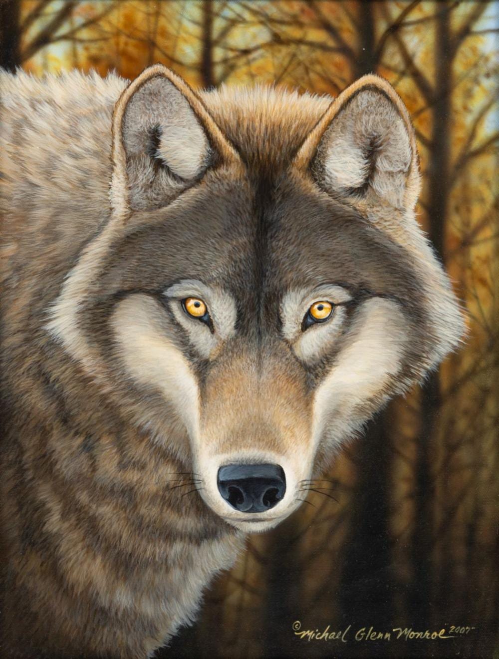 michael glenn monroe american 20th c oil on canvas wolf portrait 2007 h 16 w 12 · DuMouchelles · 2026-06-19 Michael Glenn Monroe comparable auction result: michael glenn monroe american 20th c oil on canvas wolf portrait 2007 h 16 w 12