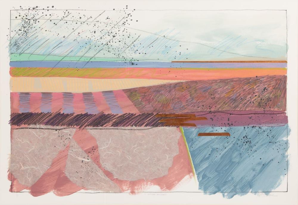 Robert Jones comparable auction result: robert jones american mixed media collage on paper summer rainstorm h 31 5 w 46
