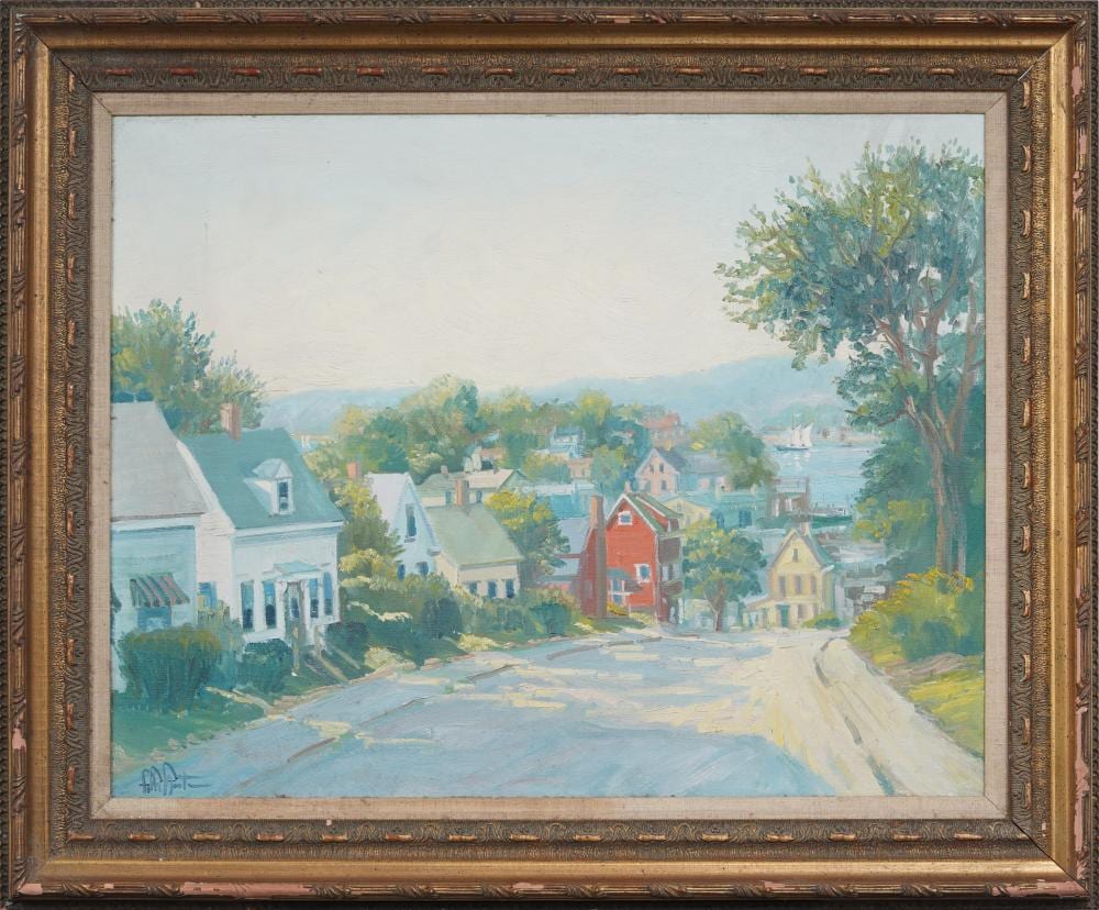 john nesta 1945 2017 vintage 1990 american harbor town landscape original oil painting · Curated Gallery Auctions · 2026-06-14 John Nesta comparable auction result: john nesta 1945 2017 vintage 1990 american harbor town landscape original oil painting