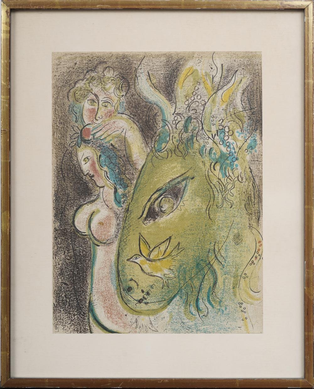 Color lithograph print in a gilt frame showing a seated nude figure and another figure with swirling blue and yellow forms in the background.