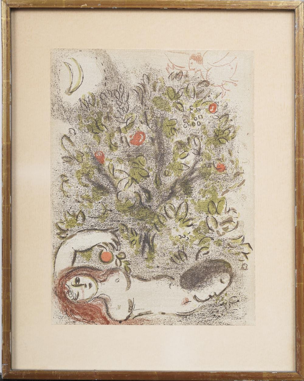 Framed color lithograph showing a floating, winged angel-like figure over a dense field of flowers and small faces, with a moon on the left and red-orange dots.