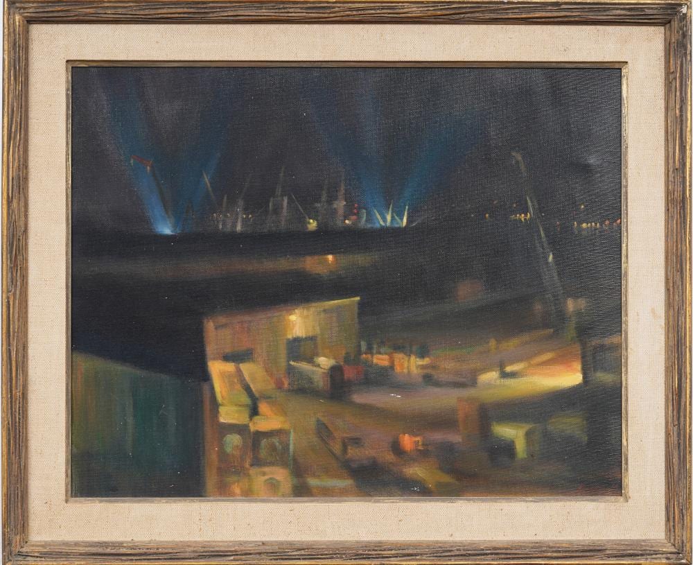 Stephen Kuzma comparable auction result: stephen kuzma signed meatpacking district loading dock street scene nocturnal original oil painting