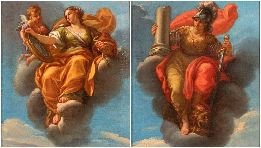Giuseppe Bartolomeo Chiari comparable auction result: giuseppe bartolomeo chiari roma 1654 1727 a allegoria della prudenza b allegoria della fortezza coppia di dipinti