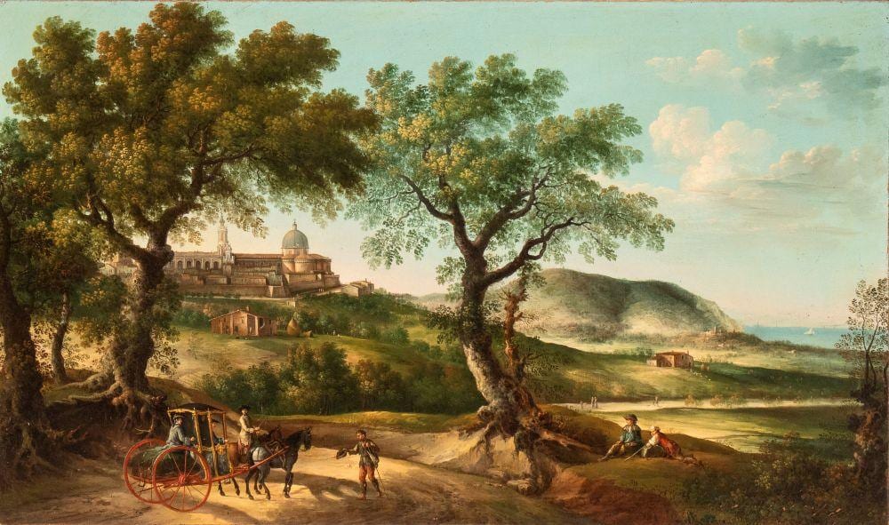 Paolo Anesi comparable auction result: paolo anesi 1697 1773 veduta di loreto con il monte conero sullo sfondo carrozza pellegrini e viandanti