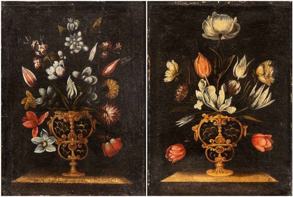 Giacomo Recco comparable auction result: giacomo recco ambito di napoli 1603 1653 due nature morte di fiori in un vaso coppia di dipinti