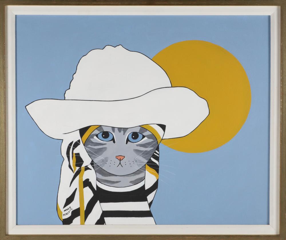 Maggie Meredith comparable auction result: maggie meredith oil on canvas cat in a white sun hat