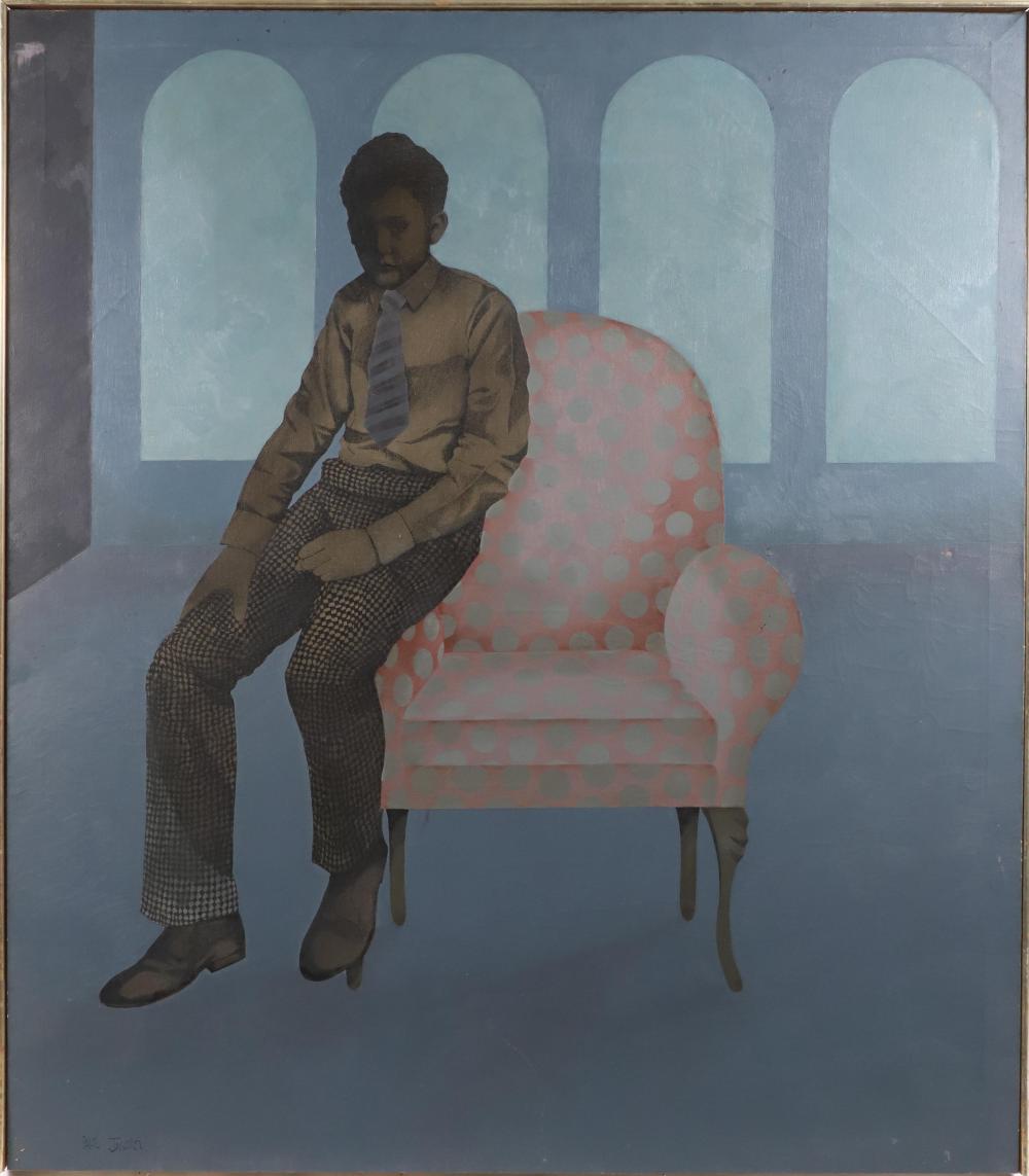 Paul Jasmin comparable auction result: paul jasmin oil on canvas portrait of a young man in a blue room